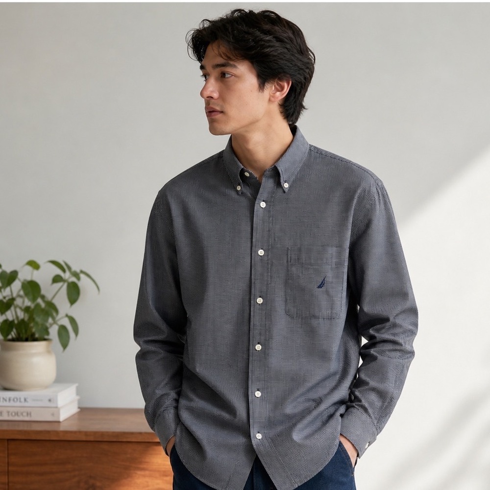 Nautica Mens Large Navy Blue Gingham Check Long Sleeve Button Down Cotton Shirt